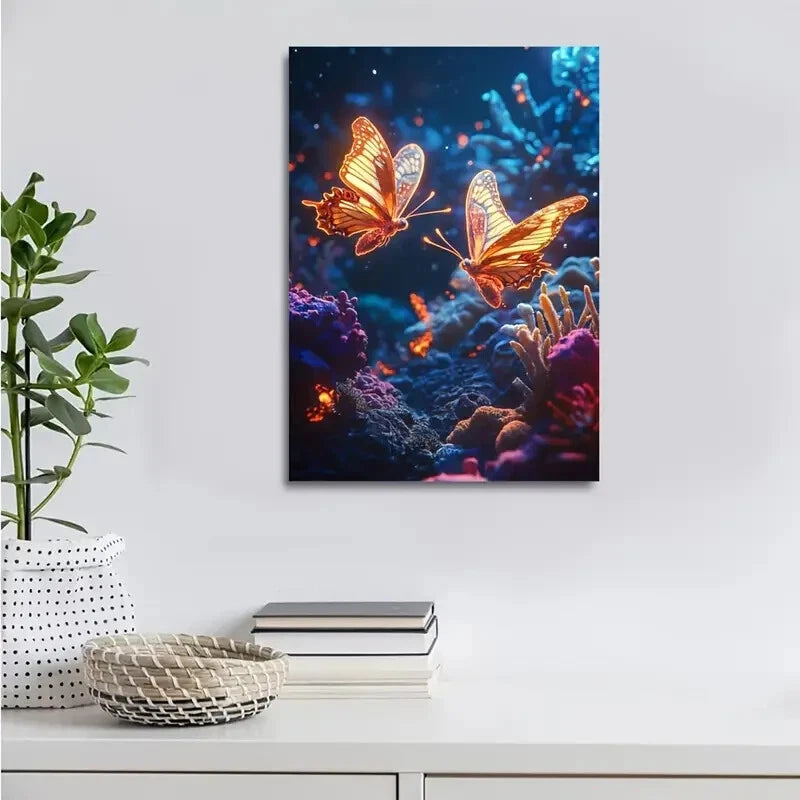 Steampunk Neon Glow Butterflies Chasing Painting 40x60cm Metal Print Ready to Hang - Bella Home Decor