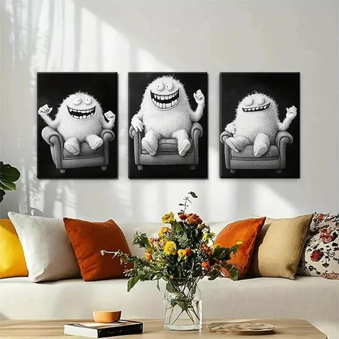 3pcs Funny Monster Playful Black & White Wall Art Canvas Unframed - High Quality Print 100% Australian Made Wall Canvas - Bella Home Decor