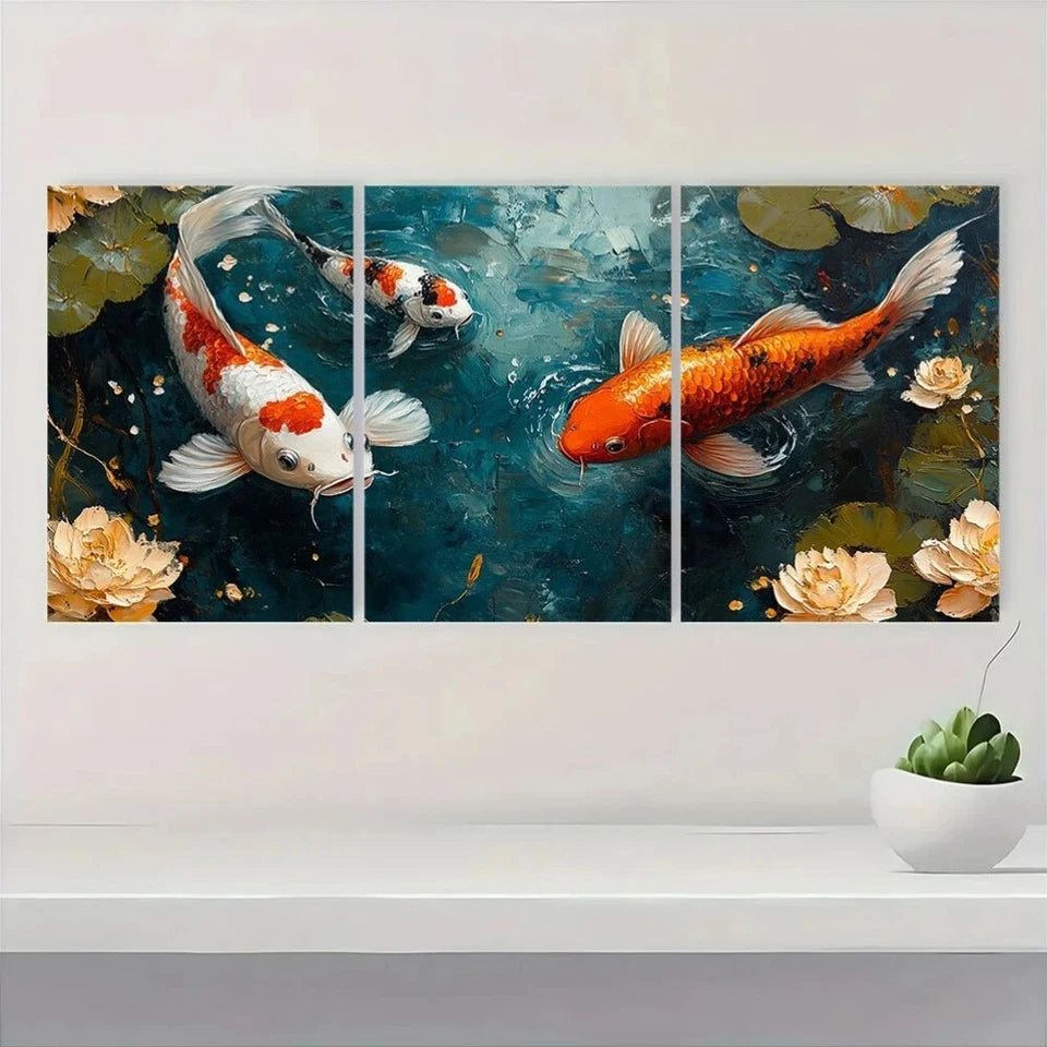 3pcs Koi Fish Painting Pond Abstract Metal Print Ready to Hang Art - Bella Home Decor