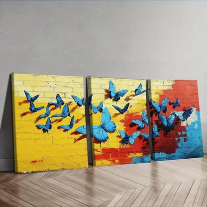 3pcs Vibrant Blue Butterflies Colorful Sweet Wall Art Set Canvas Unframed - High Quality Print 100% Australian Made Wall Canvas