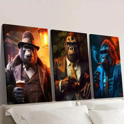 3pcs Gorilla in Modern Classic Suits Wall Art Set Canvas Unframed - High Quality Print 100% Australian Made Wall Canvas - Bella Home Decor