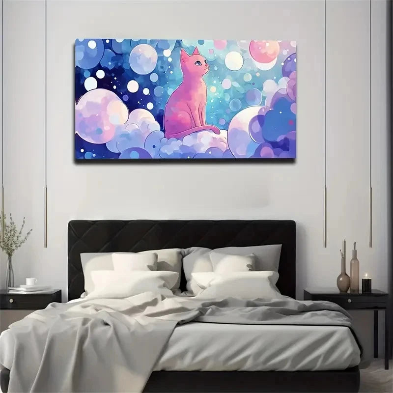 Abstract Cat & Bubbles Design Wall Art Canvas Office Home Room Framed 120x60cm