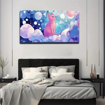Abstract Cat & Bubbles Design Wall Art Canvas Office Home Room Framed 120x60cm