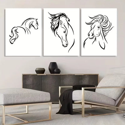 3pcs Black and White Horse Line Art  Wall Art Set Canvas Framed 40x60cm - High Quality Print 100% Australian Made Wall Canvas Ready to Hang - Bella Home Decor