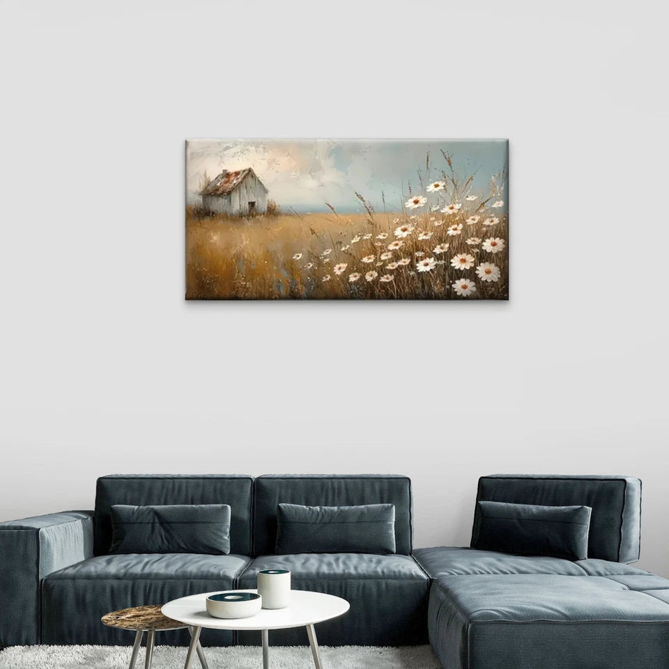 Fields Houses Flowers Wall Art Canvas Office Home Room Framed 120x60cm