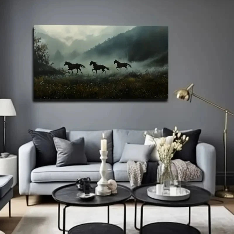 Majestic Horses Running Wall Art canvas office home room framed 120x60cm - Bella Home Decor