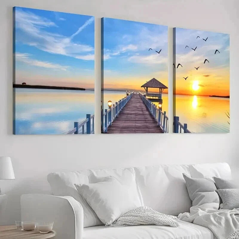 3pcs Featuring a Seaside Wooden Bridge Perfect Wall Art Set Canvas Framed 60x90cm - High Quality Print 100% Australian Made Wall Canvas Ready to Hang - Bella Home Decor