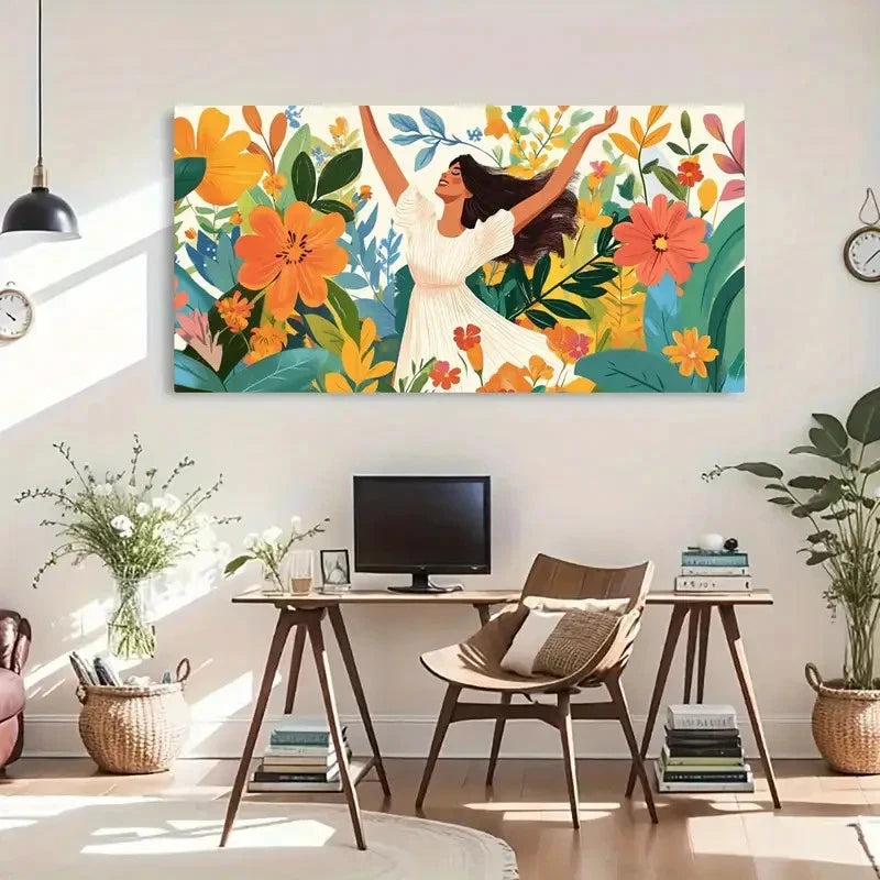 Vibrant Tropical Woman White Wall Art Canvas Office Home Room Framed 120x60cm - Bella Home Decor