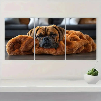 3pcs Cute Boxer Dog in Cozy Blanket Metal Print Ready to Hang Art - Bella Home Decor