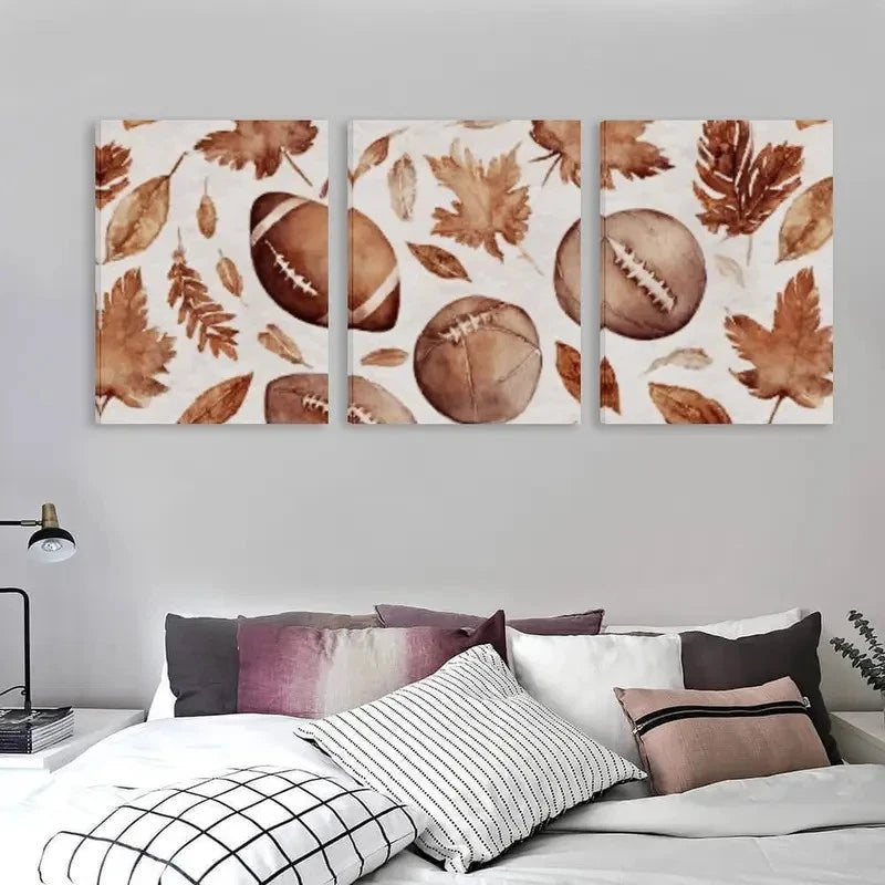 3pcs American Sports Football & Autumn Leaves   Wall Art Set Canvas Framed 40x60cm - High Quality Print 100% Australian Made Wall Canvas Ready to Hang - Bella Home Decor