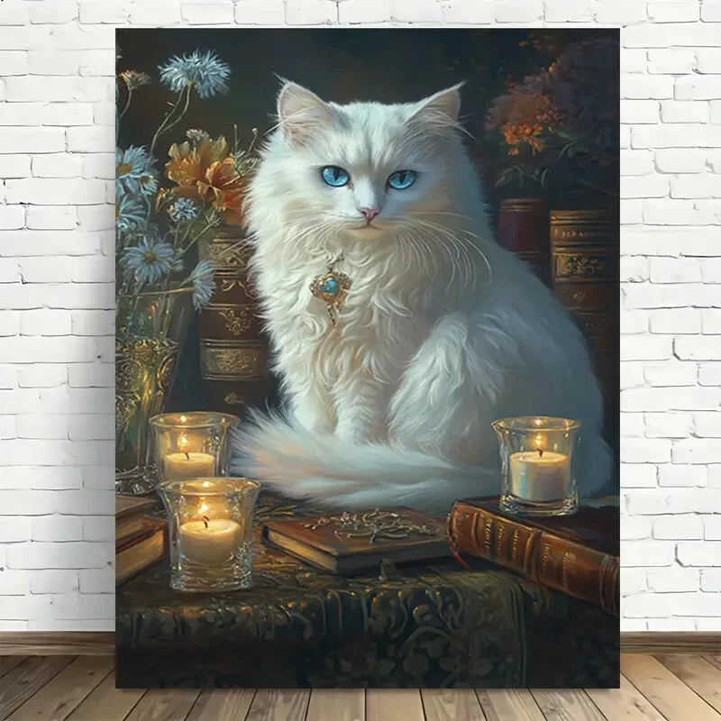 Beautiful Elegant White Cat with Blue Eyes Painting 40x60cm Metal Print Ready to Hang - Bella Home Decor