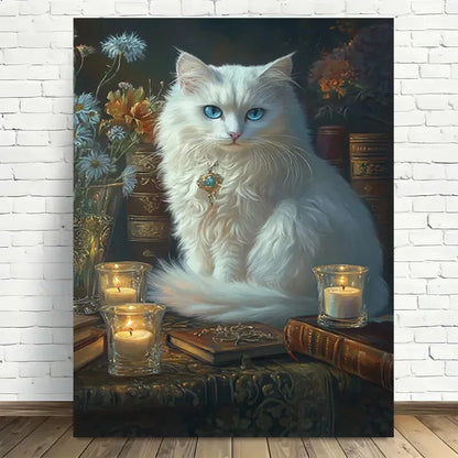 Beautiful Elegant White Cat with Blue Eyes Painting 40x60cm Metal Print Ready to Hang - Bella Home Decor