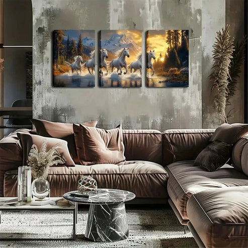 3pcs Four White Horses Running in the River Wall Art Canvas Unframed - High Quality Print 100% Australian Made Wall Canvas