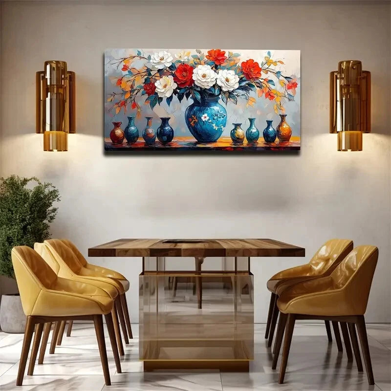 Blue Vase With Floral Design Wall Art Canvas Office Home Room Framed 120x60cm - Bella Home Decor