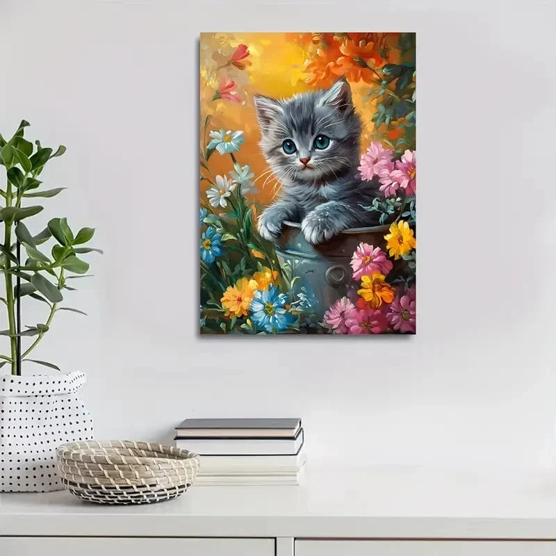 Flowers And Plants Cute British Shorthair Painting 40x60cm Metal Print Ready to Hang