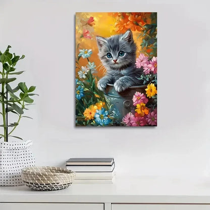 Flowers And Plants Cute British Shorthair Painting 40x60cm Metal Print Ready to Hang