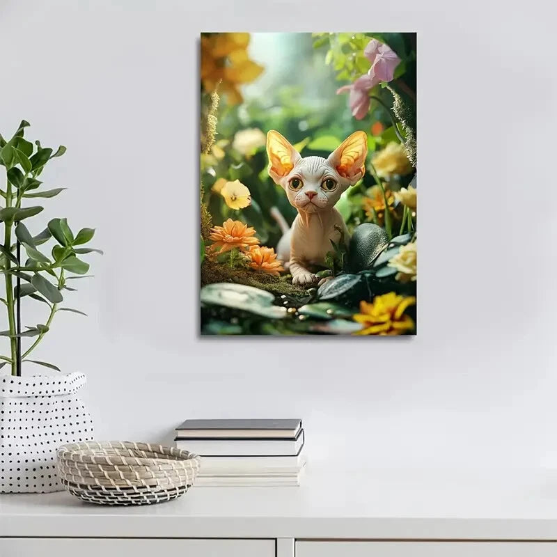 Cute Sphynx Kitten with Vibrant Flowers Painting 40x60cm Metal Print Ready to Hang - Bella Home Decor