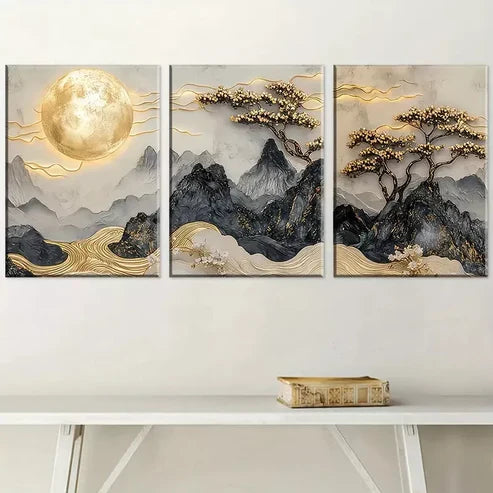 3pcs Chinese Luxury Points Golden Mountain Canvas Unframed - High Quality Print 100% Australian Made Wall Canvas - Bella Home Decor
