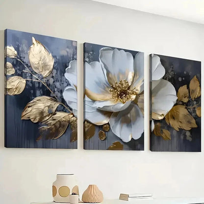 3pcs Large White Flowers and Golden Leaves Wall Art Set Canvas Framed 50x70cm - High Quality Print 100% Australian Made Wall Canvas Ready to Hang