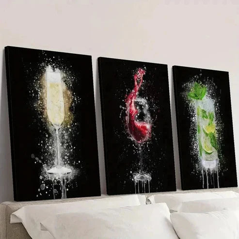 3pcs Champagne Glass on Black Background Wall Art Canvas Unframed – High Quality Print 100% Australian Made Wall Canvas - Bella Home Decor