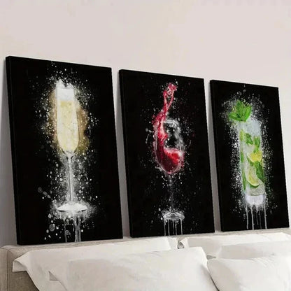 3pcs Champagne Glass on Black Background Wall Art Canvas Unframed – High Quality Print 100% Australian Made Wall Canvas - Bella Home Decor