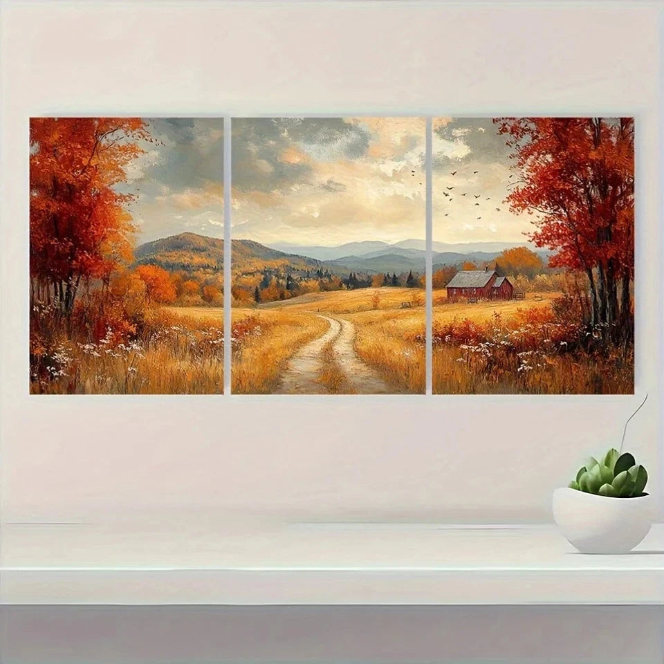 3pcs Rustic Farmhouse Meadow Autumn Scenery Metal Print Ready to Hang Art - Bella Home Decor