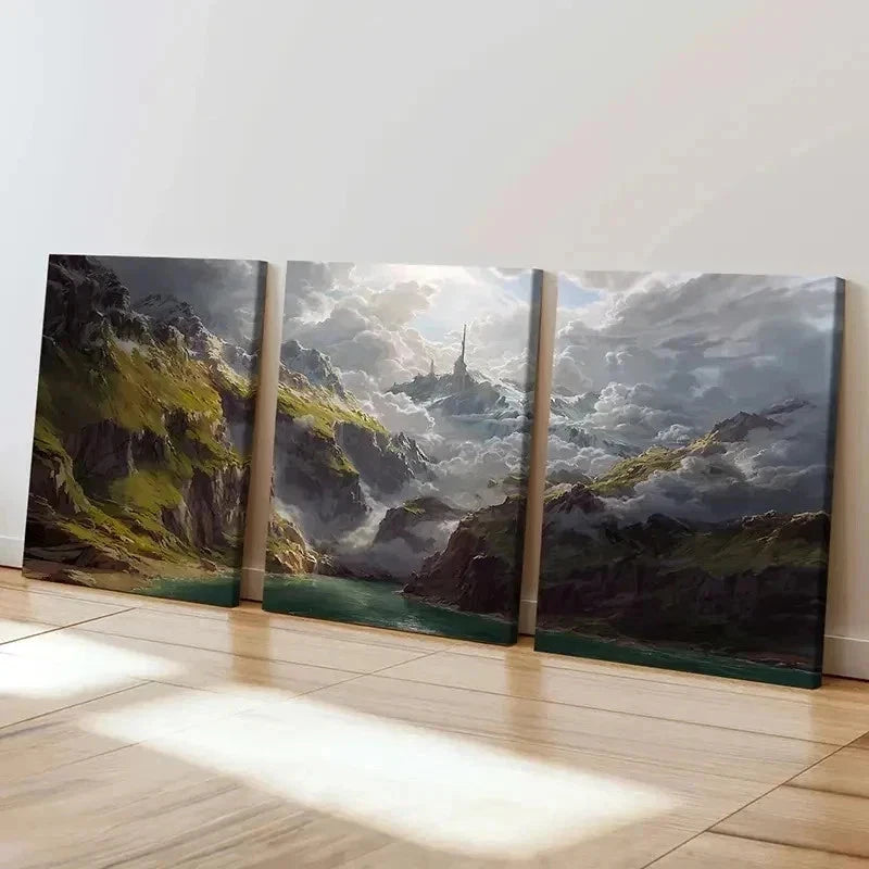 3pcs Mountain Valley with Mystical Castle Wall Art Set Canvas Framed 60x90cm - High Quality Print 100% Australian Made Wall Canvas Ready to Hang