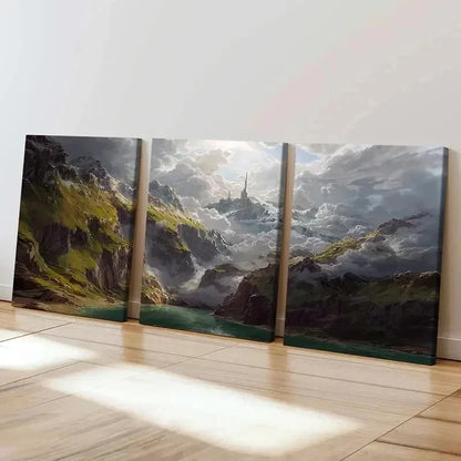 3pcs Mountain Valley with Mystical Castle Wall Art Set Canvas Framed 60x90cm - High Quality Print 100% Australian Made Wall Canvas Ready to Hang