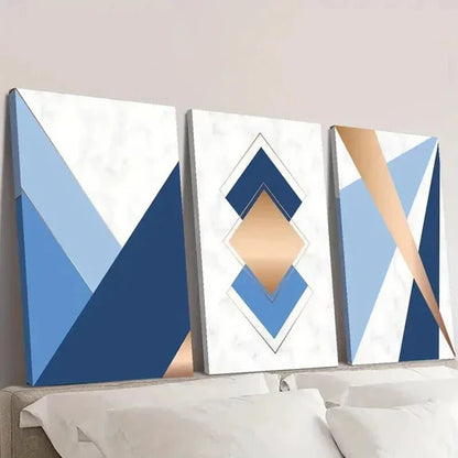 3pcs Blue Gold Geometric Abstract Design Wall Art Set Canvas Unframed - High Quality Print 100% Australian Made Wall Canvas - Bella Home Decor