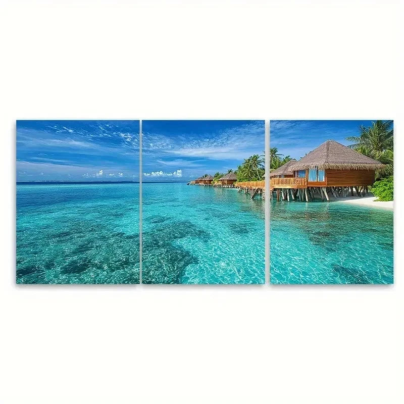 3pcs Villas Print Clear Water Skies F  Wall Art Set Canvas Framed 50x70cm - High Quality Print 100% Australian Made Wall Canvas Ready to Hang - Bella Home Decor