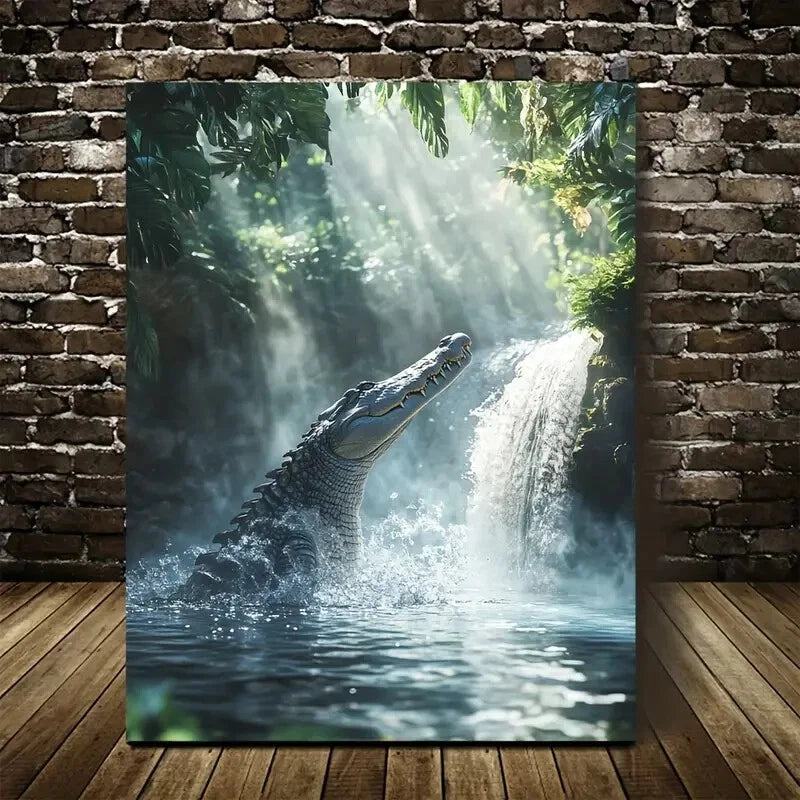 Crocodile Splashing in Waterfall Scene Painting 40x60cm Metal Print Ready to Hang - Bella Home Decor