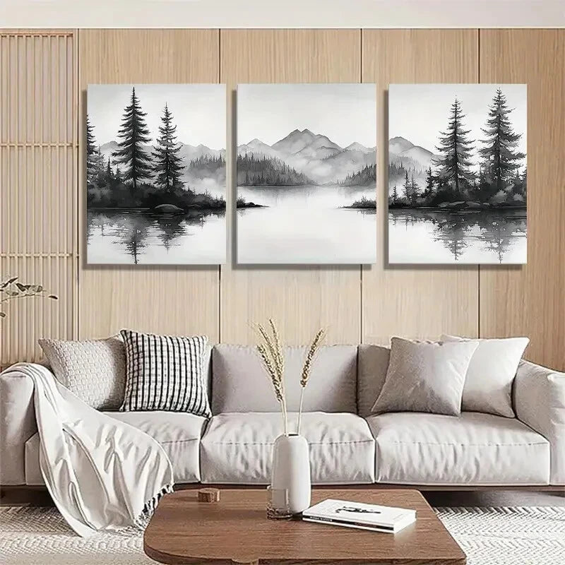 3pcs Black and White Forest Nature Misty Perfect Wall Art Set Canvas Framed 60x90cm - High Quality Print 100% Australian Made Wall Canvas Ready to Hang - Bella Home Decor