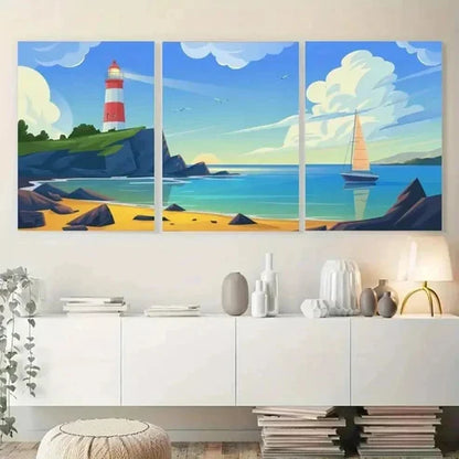 3pcs Lighthouse, Sailboat, Rocky Shore, Clouds Wall Art Canvas Unframed - High Quality Print 100% Australian Made Wall Canvas
