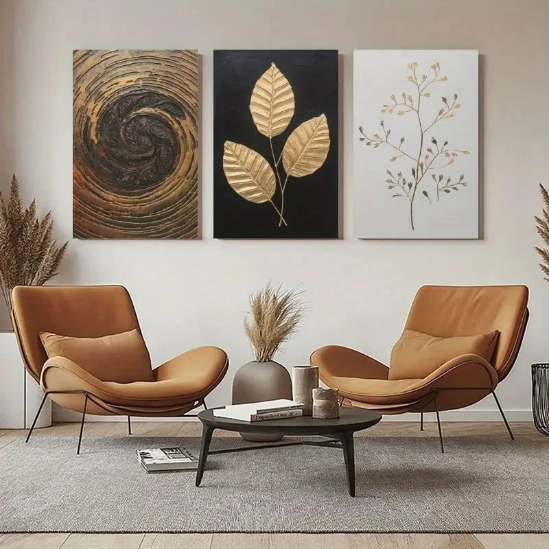 3pcs A Triptych Featuring Golden Patterns Metal Print Ready to Hang Art - Bella Home Decor
