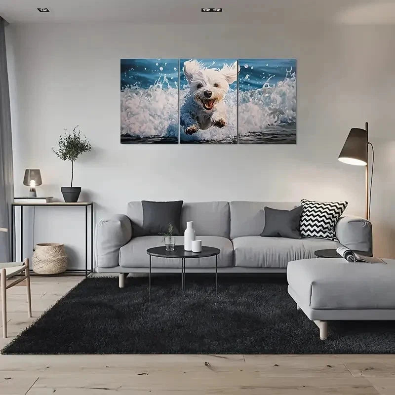 3pcs Adorable White Dog Running in Water Metal Print Ready to Hang Art - Bella Home Decor