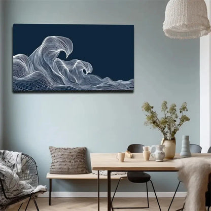 Dark Blue & White Line-Drawn Wall Art Canvas Office Home Room Framed 120x60cm