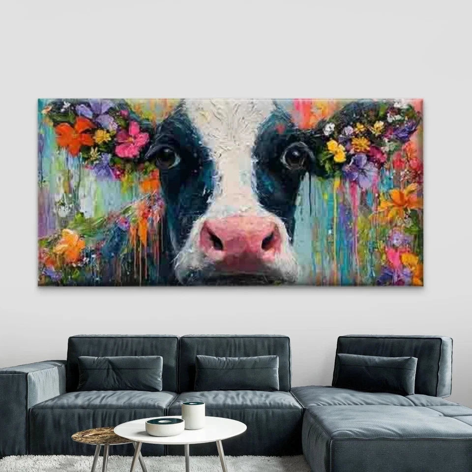 Colorful Floral Cow Wall Art Canvas Office Home Room Framed 120x60cm