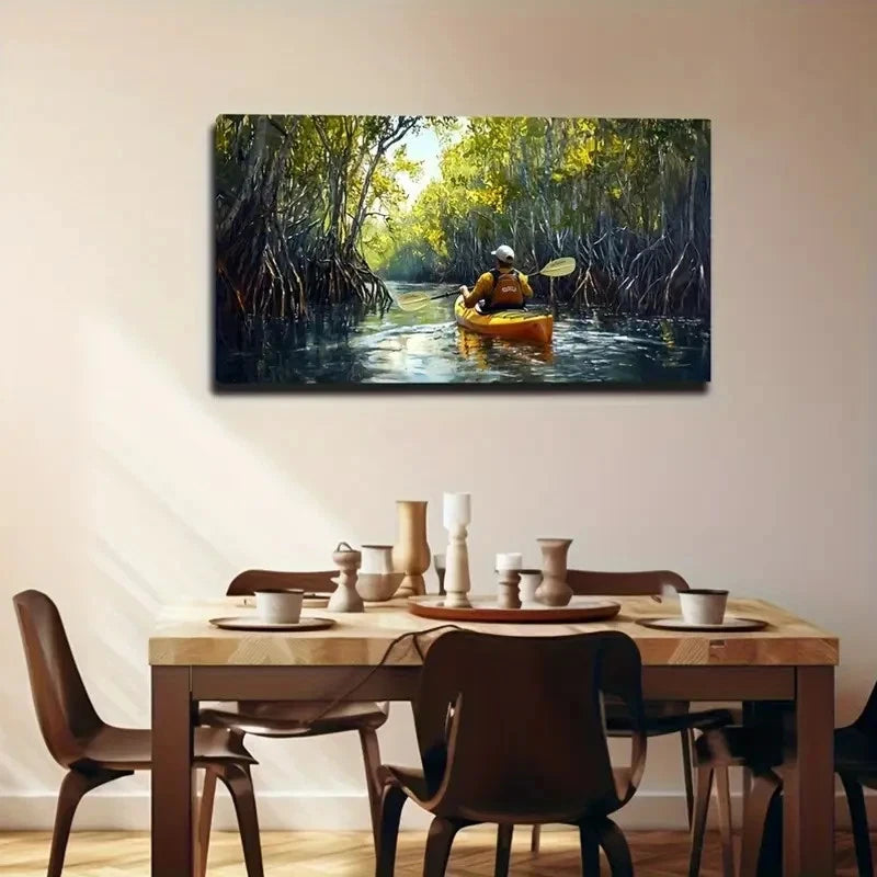 Tropical Rainforest Kayak River Wall Art Canvas Office Home Room Framed 120x60cm