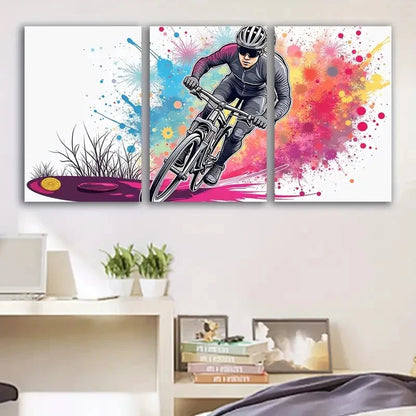 3pcs Vibrant Cyclist Riding Artwork Scene Wall Art Set Canvas Framed 60x90cm - High Quality Print 100% Australian Made Wall Canvas Ready to Hang