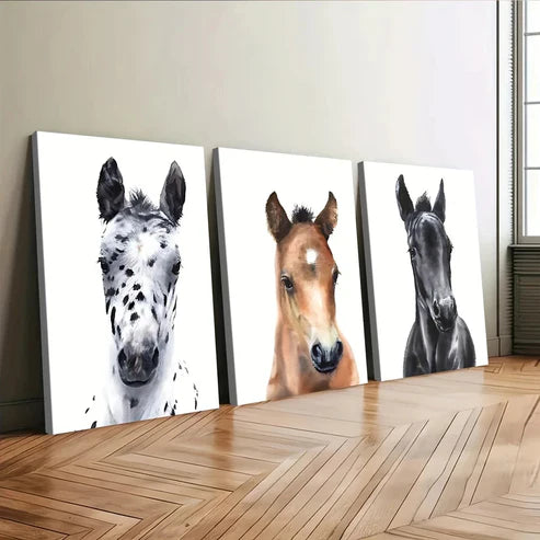 3pcs Chic Horse Modern Animal White Brown Black Wall Art Set Canvas Unframed - High Quality Print 100% Australian Made Wall Canvas - Bella Home Decor