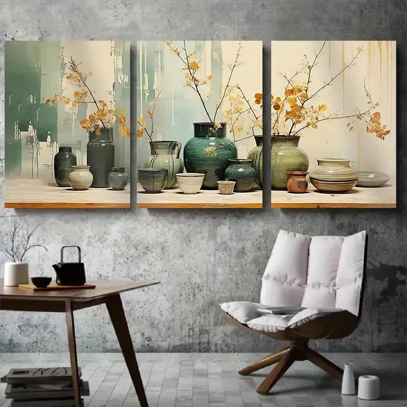 3pcs Ceramic Vases with Flower Branches Metal Print Ready to Hang Art - Bella Home Decor