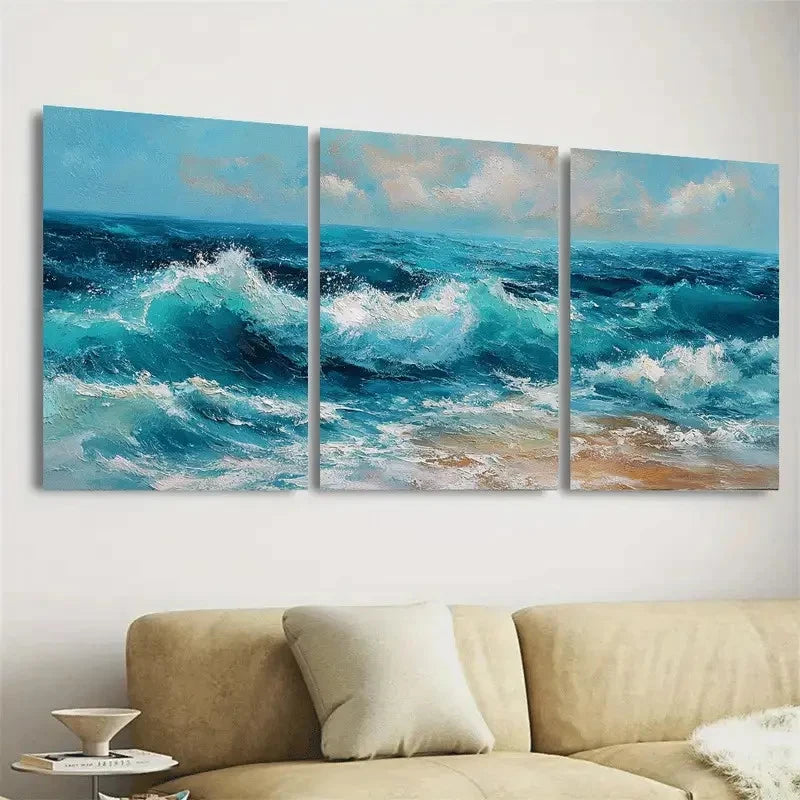3pcs Ocean Stormy Sea Ocean Beach Wall Art Set Canvas Framed 50x70cm - High Quality Print 100% Australian Made Wall Canvas Ready to Hang