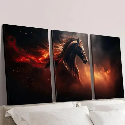 3pcs Brown Horse Running in Fire Flames Wall Art Canvas Unframed - High Quality Print 100% Australian Made Wall Canvas