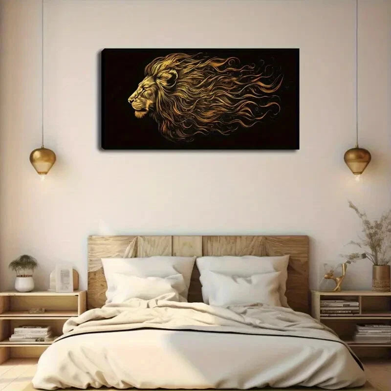 Lion'S Golden Fur in Blcack Wall Art Canvas Office Home Room Framed 120x60cm - Bella Home Decor