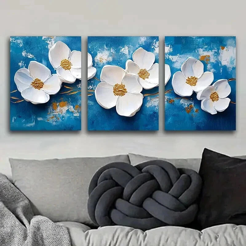 3pcs White Flower on Blue Background Wall Art Set Canvas Framed 50x70cm - High Quality Print 100% Australian Made Wall Canvas Ready to Hang