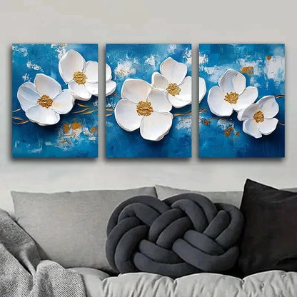 3pcs White Flower on Blue Background Wall Art Set Canvas Framed 50x70cm - High Quality Print 100% Australian Made Wall Canvas Ready to Hang