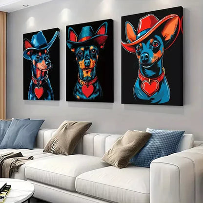 3 PCS Vibrant Blue & Red Cowboy-Themed Dog Wall Art Set Canvas Unframed - High Quality Print 100% Australian Made Wall Canvas - Bella Home Decor