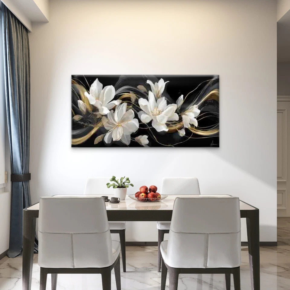 White & Golden Leaf Flower Wall Art Canvas Office Home Room Framed 120x60cm - Bella Home Decor