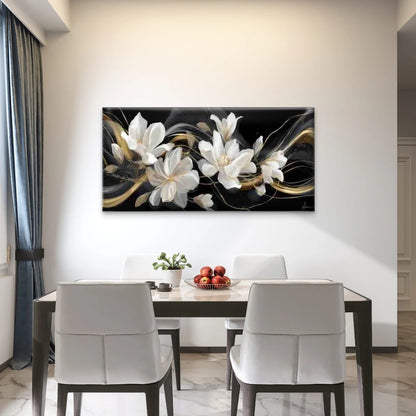 White & Golden Leaf Flower Wall Art Canvas Office Home Room Framed 120x60cm - Bella Home Decor