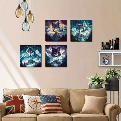 4pcs Abstract Wolf Theme Poster  Wall Art Canvas Framed